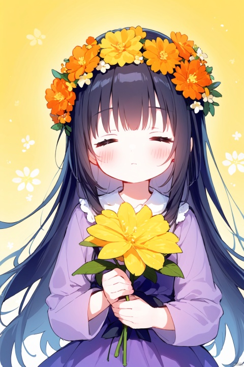 ((artist:nano)),loli,1girl, solo, long hair, black hair, long sleeves, holding, very long hair, closed mouth, closed eyes, flower, purple dress, yellow flower, holding flower, head wreath, orange flower