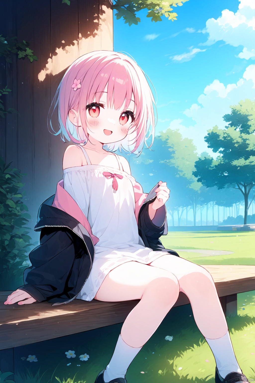 ((artist:nano)),loli,1girl, solo, outdoors, scenery, flower, pink_hair, looking_at_viewer, jacket, multicolored_hair, sitting, sky, smile, long_sleeves, red_eyes, white_hair, open_mouth, tree, black_footwear, pink_flower, day, short_hair, off_shoulder
