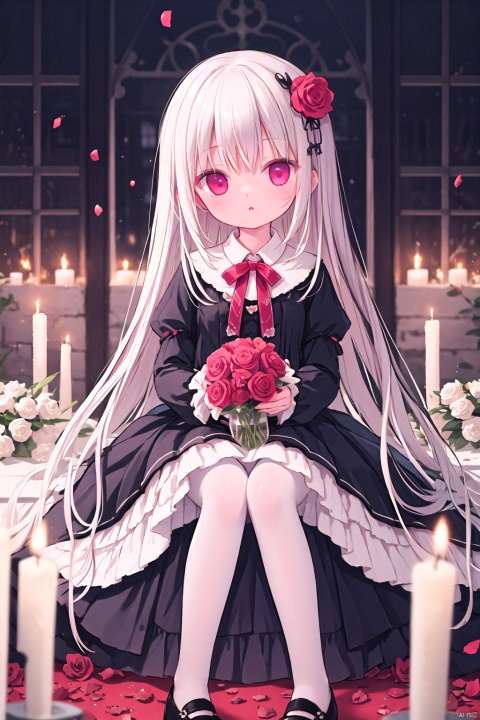  1girl, solo, long hair, looking at viewer, bangs, hair ornament, red eyes, long sleeves, dress, bow, holding, sitting, purple eyes, flower, white hair, pantyhose, frills, parted lips, puffy sleeves, indoors, hair flower, black footwear, blurry, black dress, petals, depth of field, rose, fire, white flower, red flower, white pantyhose, lolita fashion, red rose, blurry foreground, gothic lolita, candle, candlestand