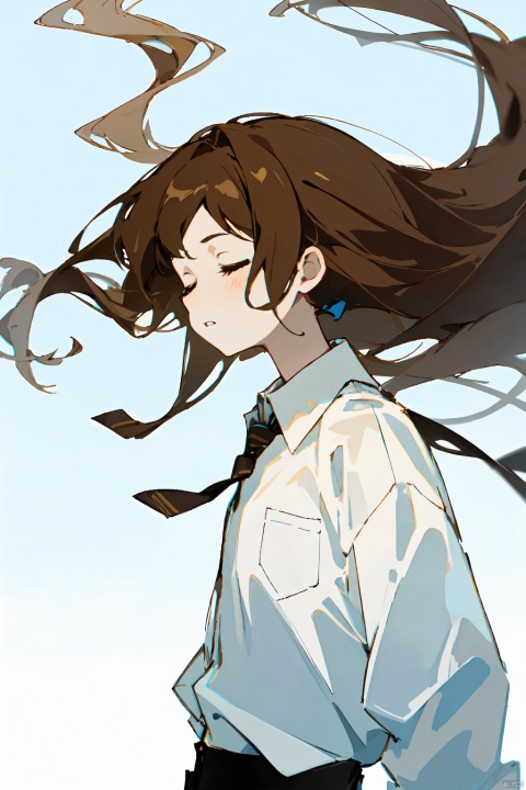  1girl, solo, long hair, brown hair, shirt, closed eyes, white shirt, upper body, parted lips, sky, collared shirt, from side, floating hair, blue background, wind
