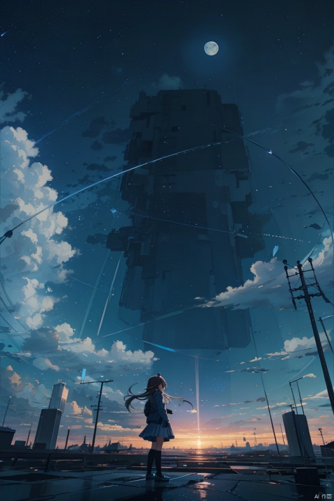 cloud, ground_vehicle, bicycle, sky, outdoors, 1girl, day, skirt, blue_sky, long_hair, brown_hair, building, cloudy_sky, solo, scenery, shoes, blue_skirt,cloud, milky_way, night, night_sky, power_lines, shooting_star, sky, star_\(sky\), starry_sky, constellation, galaxy, utility_pole, space, starry_sky_print, city_lights, cloudy_sky, sunset, snowing, aurora, starry_background, twilight, light_particles, gradient_sky, planet, lamppost, horizon, moon, crescent_moon, dusk, outdoors, skyline, sunrise, mountain, earth_\(planet\), scenery, snow, building