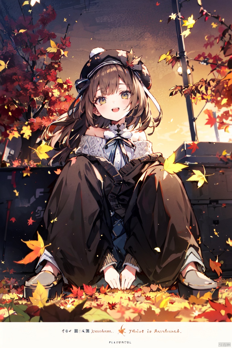  1girl, smile, pleated skirt,solo, long hair, off shoulder, brown eyes, autumn leaves,open mouth, (puffy long sleeves), beret, brown hair, puffy sleeves, open cardigan, autumn, hair ribbon, maple leaves, outdoors,falling leaves,(from below,wide shot,panorama,depth of field,full body,mid shot,English text),(hand on chests),sitting,tilt, backlight, vibrantProj