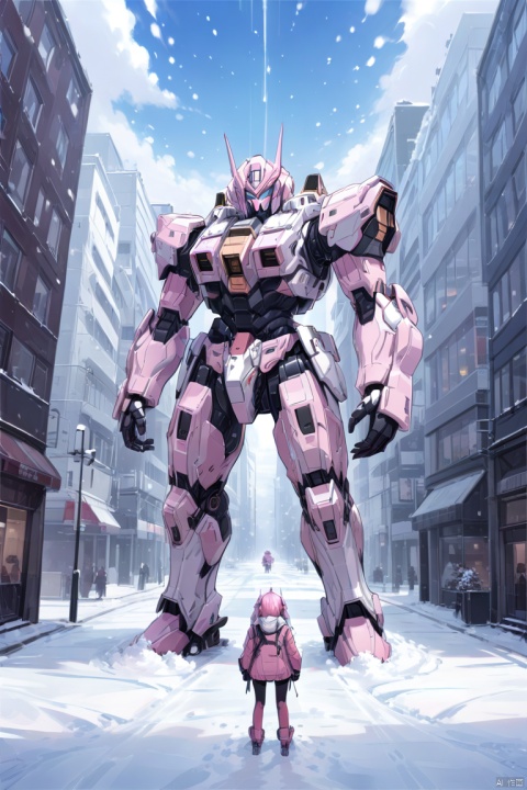 in the winter, in a sad city, looking up at the sky as snow is falling, Pink Mecha, baimecha,A girl in a mecha with a lonely look in her eyes, baimecha, mecha_robot, robot, mir