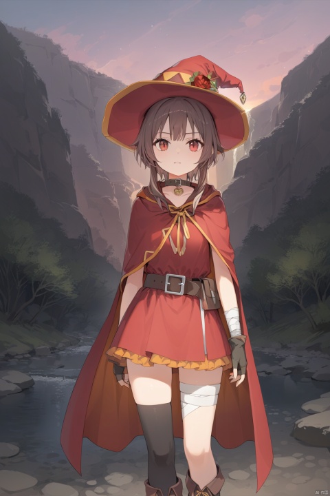 masterpiece,best quality,cinematic lighting,
1girl,solo,(looking at viewer:1.1),
,megumin_knsb,brown hair,short hair,red eyes,short hair with long locks,hat,witch hat,cape,dress,red dress,gloves,collar,fingerless gloves,belt,black gloves,asymmetrical legwear,thighhighs,mismatched legwear,bandages,bandaged leg,black thighhighs,single thighhigh,boots,
BREAK
sunlight,River canyon, Twilight, Hiking trail, Evening colors, Nature sounds, Solitude,
,8k,ultra-detailed,