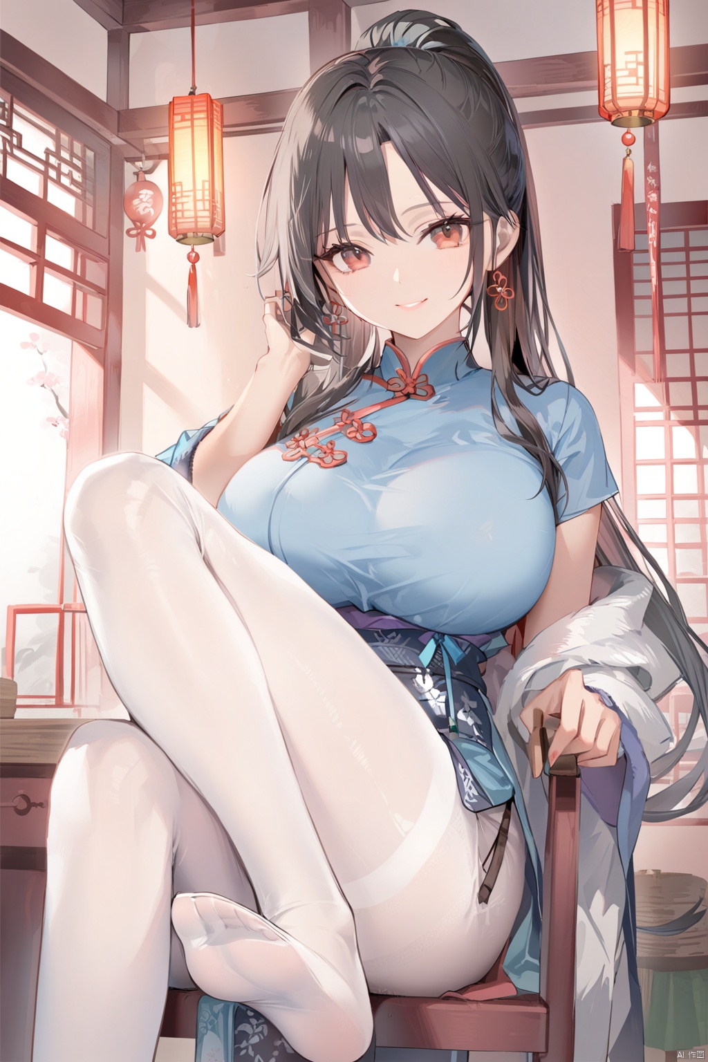  traditional Chineseroom,{{串}},{{only girl}},{{Chinses girl}},{{mature female}},{{sweety smile}},black hair,red eyes,beautiful detailed eyes,{very long ponytail},huge breasts,wide hips,slender waist,log legs,{{blue long cheongsam}},{{white pantyhose}},no shoes,seting on the chair,show foot
