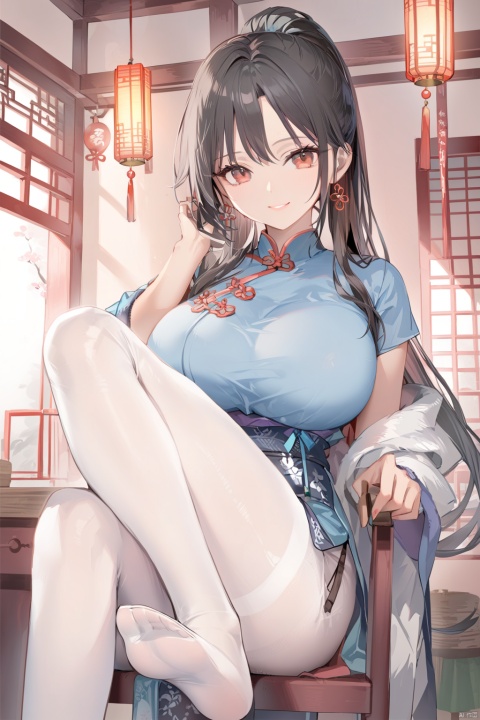  traditional Chineseroom,{{串}},{{only girl}},{{Chinses girl}},{{mature female}},{{sweety smile}},black hair,red eyes,beautiful detailed eyes,{very long ponytail},huge breasts,wide hips,slender waist,log legs,{{blue long cheongsam}},{{white pantyhose}},no shoes,seting on the chair,show foot
