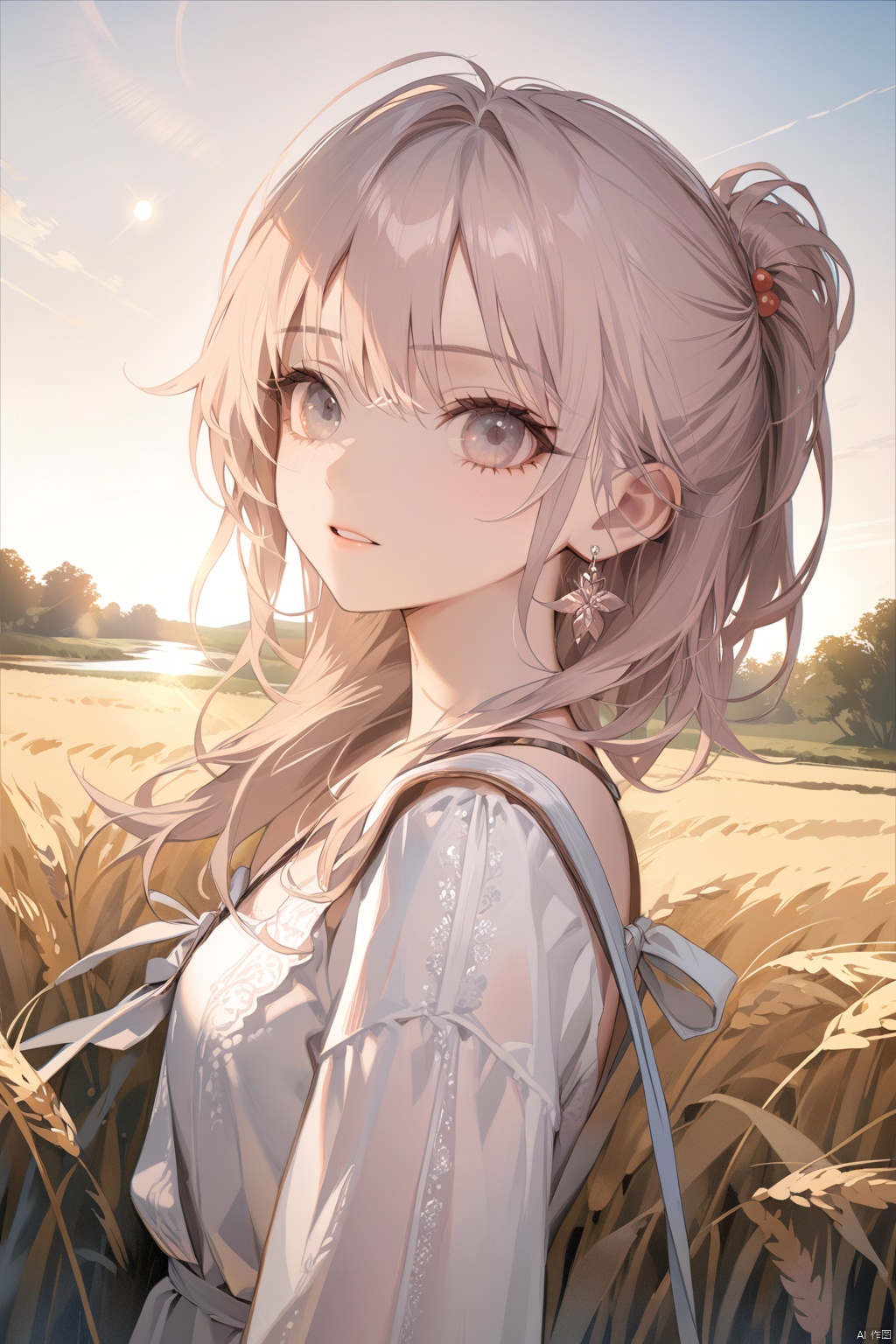 ((masterpiece)),((best quality)),LOCv3,WFA,4k,(HDR),(fantasy style illustration),landscape,1girl wearing white dress standing in wheat field,dutch angle,available light,plain,river,photography,((beautiful detail face)),pefect shadow,cinematic,,head up,((depth of field)),lens flare,rim light,pefect chiaroscuro,