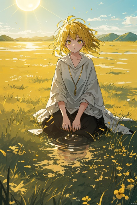  incredibly absurdres,
Large number of environments,prospect,grace,wind,breeze,god ray,lawn,A vast expanse of grassland,(grassland),Mountains and lakes in the distance,The sun shines through the trees,
1girl,solo,((messy hair)),(yellow eyes),(gold hair),floating hair,water eyes,