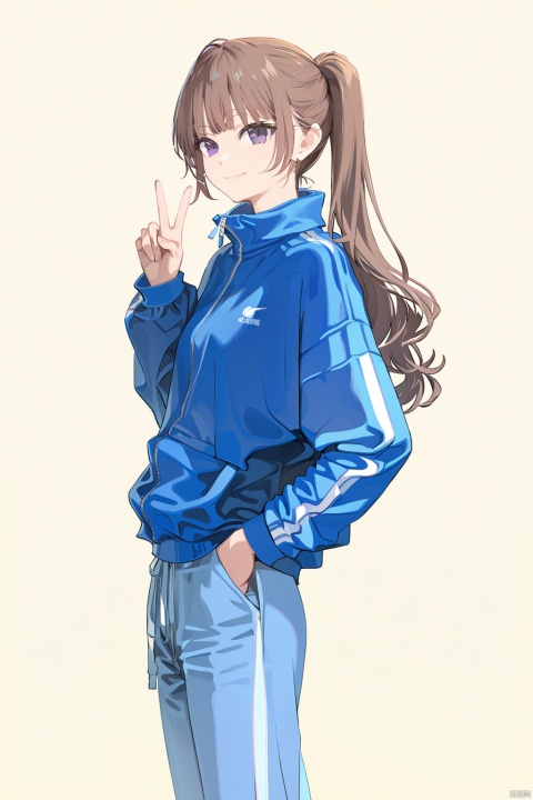  (masterpiece),(best quality),1girl, solo, hand_in_pocket, ponytail, purple_eyes, brown_hair, looking_at_viewer, nakagawa_natsuki, smile, blue_pants, pants, closed_mouth, long_sleeves, yellow_background, v, jacket, long_hair, hand_up, standing, blue_jacket, simple_background, track_jacket, bangs, track_pants, track_suit, two-tone_background