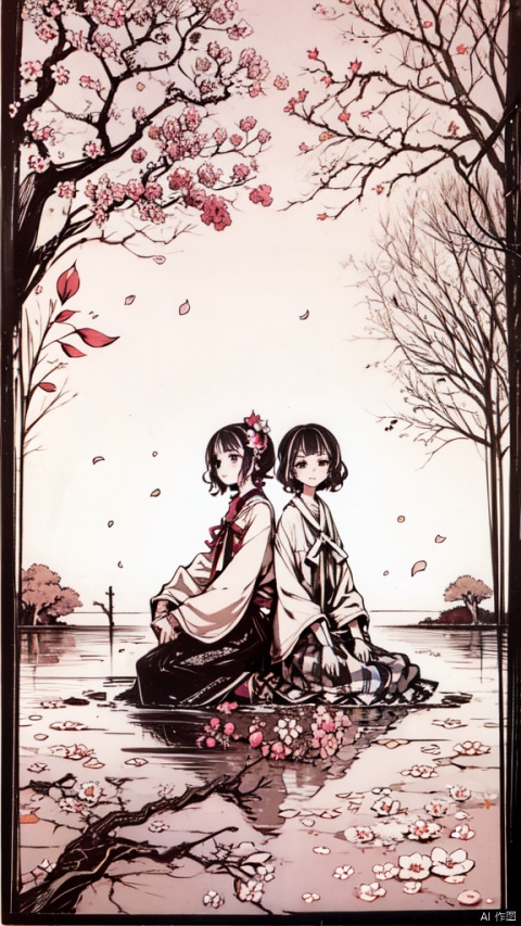  ,,cherry blossoms,very short hair,2girlspixel art
