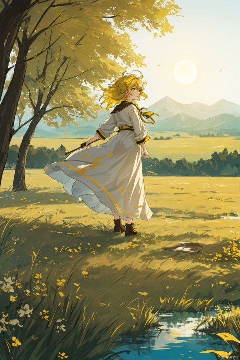  incredibly absurdres,
Large number of environments,prospect,grace,wind,breeze,god ray,lawn,A vast expanse of grassland,(grassland),Mountains and lakes in the distance,The sun shines through the trees,
1girl,solo,((messy hair)),(yellow eyes),(gold hair),floating hair,water eyes,