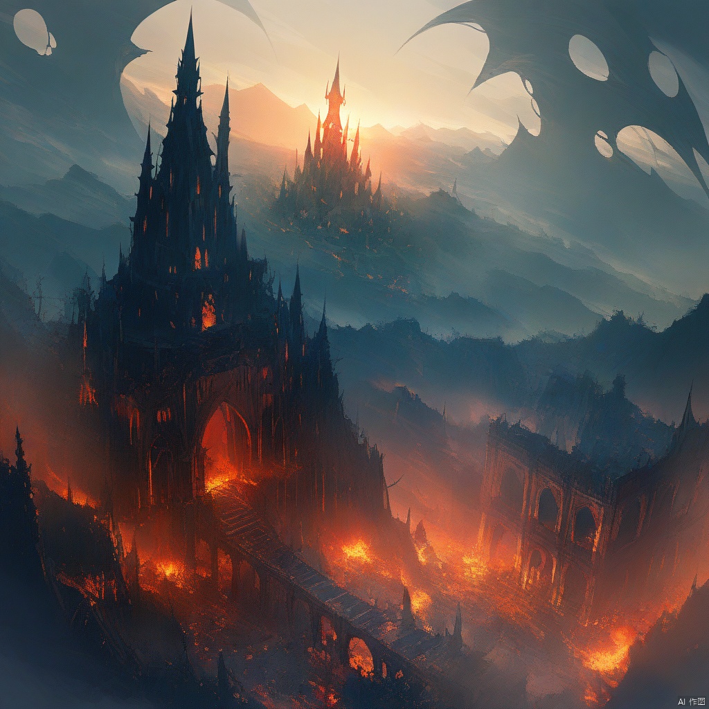 wrench_elven_arch, A sky ablaze over an elven city in ruins with gothic architecture, surrounded by ominous demonic veins mountains,DonMD3m0nV31ns,EpicArt, (\shen ming shao nv\), anan