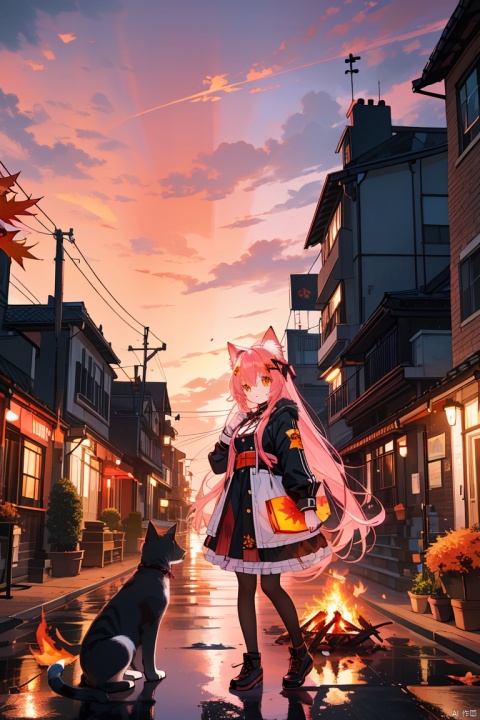 1girl, pink_hair, animal_ears, long_hair, hair_ornament, solo, very_long_hair, bow, breasts, cat_ears, animal_ear_fluff, wrist_cuffs,autumn, autumn_leaves, sunset, fire, orange_sky, gradient_sky, twilight,maple_leaf, no_humans, evening, leaf, scenery, dusk, cloud, sky, tree, red_sky, cat, campfire, flame, power_lines, burning, city, flower, building, potted_plant