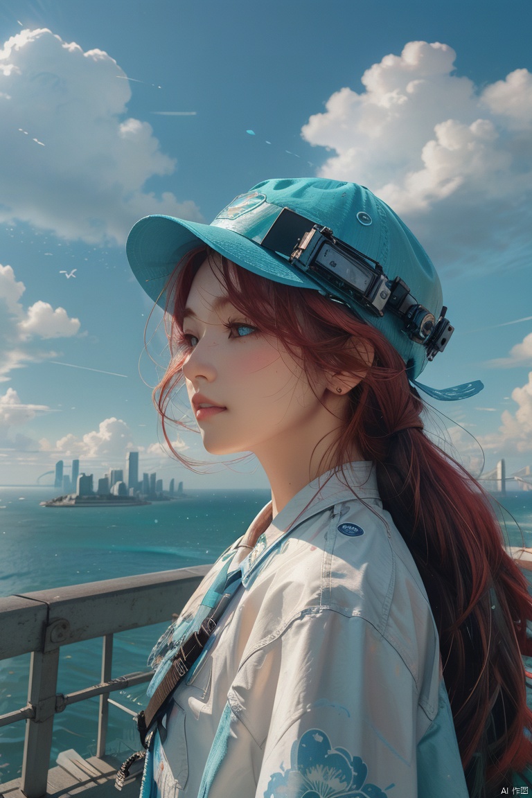 cloud, cloudy_sky, sky, scenery, blue_sky, day, tree, building, no_humans, city, horizon, outdoors, cityscape, ocean, sunset, water, mountain, road, bridge, skyscraper, power_lines, condensation_trail, railing,red_hair, long_hair, 1girl, solo, hat, very_long_hair, blush, Cyberpunk Concept