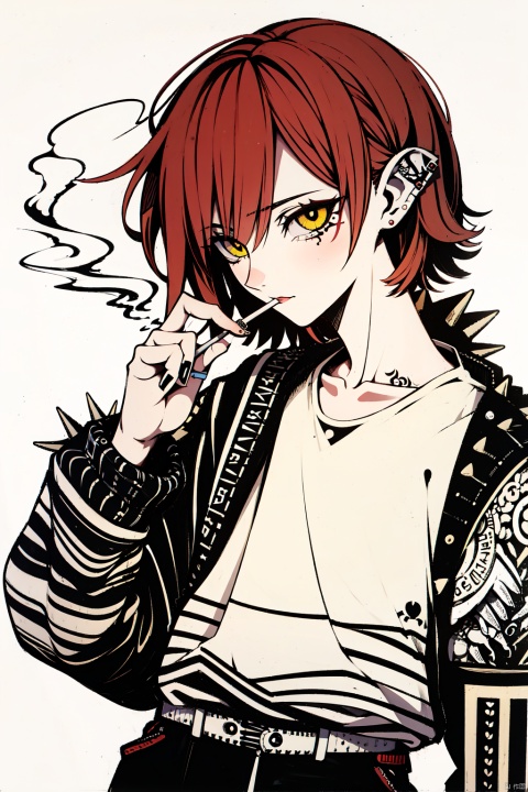  Best quality, masterpiece, 1girl, red hair, short hair, yellow eyes, spiky hair, tattoos, black pants, upper body, ear piercings, blue and white bomber jacket, smoking