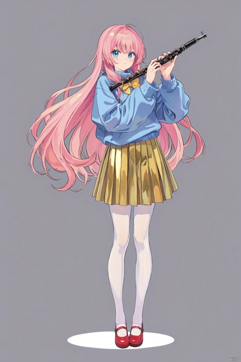  (best quality),((masterpiece)),(highres),illustration,original,extremely detailed,rich-details,masterpiece,High quality,
1girl,Soft and cute,Wrap around the hair,clarinet,Baggy sweater,Golden sailor suit,Long sleeves cover the hands,Soft sweater,Metallic laser skirt,blue eyes,blush,full body,grey background,holding,long hair,mary janes,megurine luka,pantyhose,pink hair,red footwear,shoes,simple background,skirt,solo,very long hair,white legwear,yellow bow,yellow bowtie,yellow neckwear