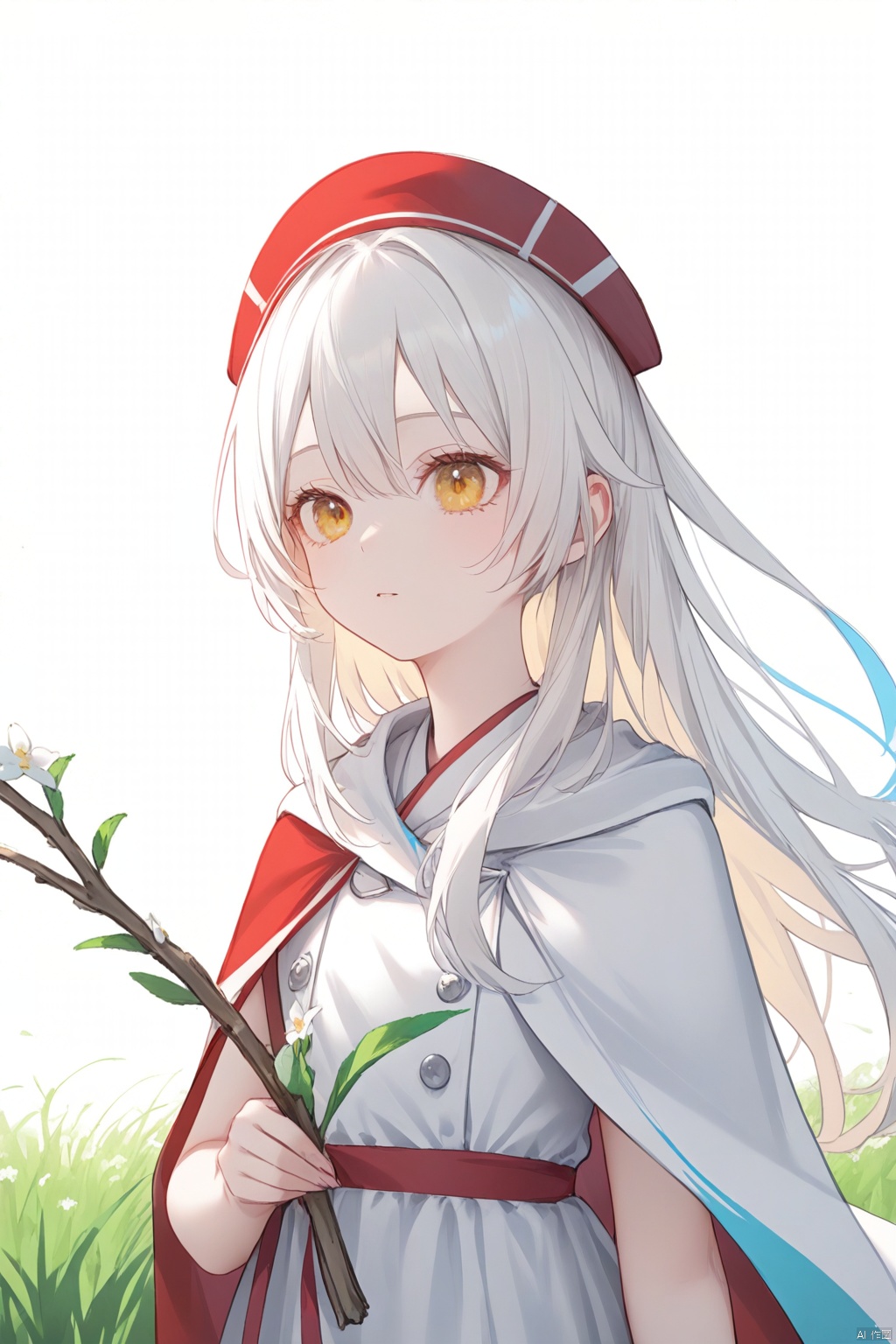  (1girl:1.2),(white hairr:1.2),long hair,yellow eyes,red headdress,
(white dress:1.2),(white shoulder cape),outline,
(She Hold the branches with small white flowers:1.23),
(white background:1.3),(grass:1.15),(Thymus:1.2),(white flowers),smoke,(upper body:1.3),(A splash of colored paint1.15),Movie poster,