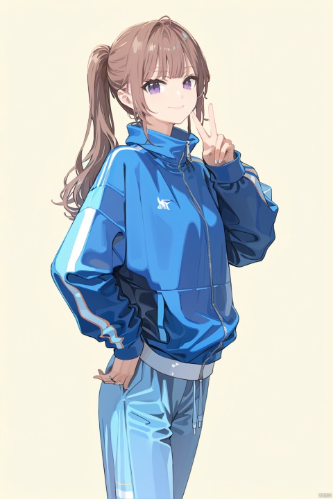  (masterpiece),(best quality),1girl, solo, hand_in_pocket, ponytail, purple_eyes, brown_hair, looking_at_viewer, nakagawa_natsuki, smile, blue_pants, pants, closed_mouth, long_sleeves, yellow_background, v, jacket, long_hair, hand_up, standing, blue_jacket, simple_background, track_jacket, bangs, track_pants, track_suit, two-tone_background
