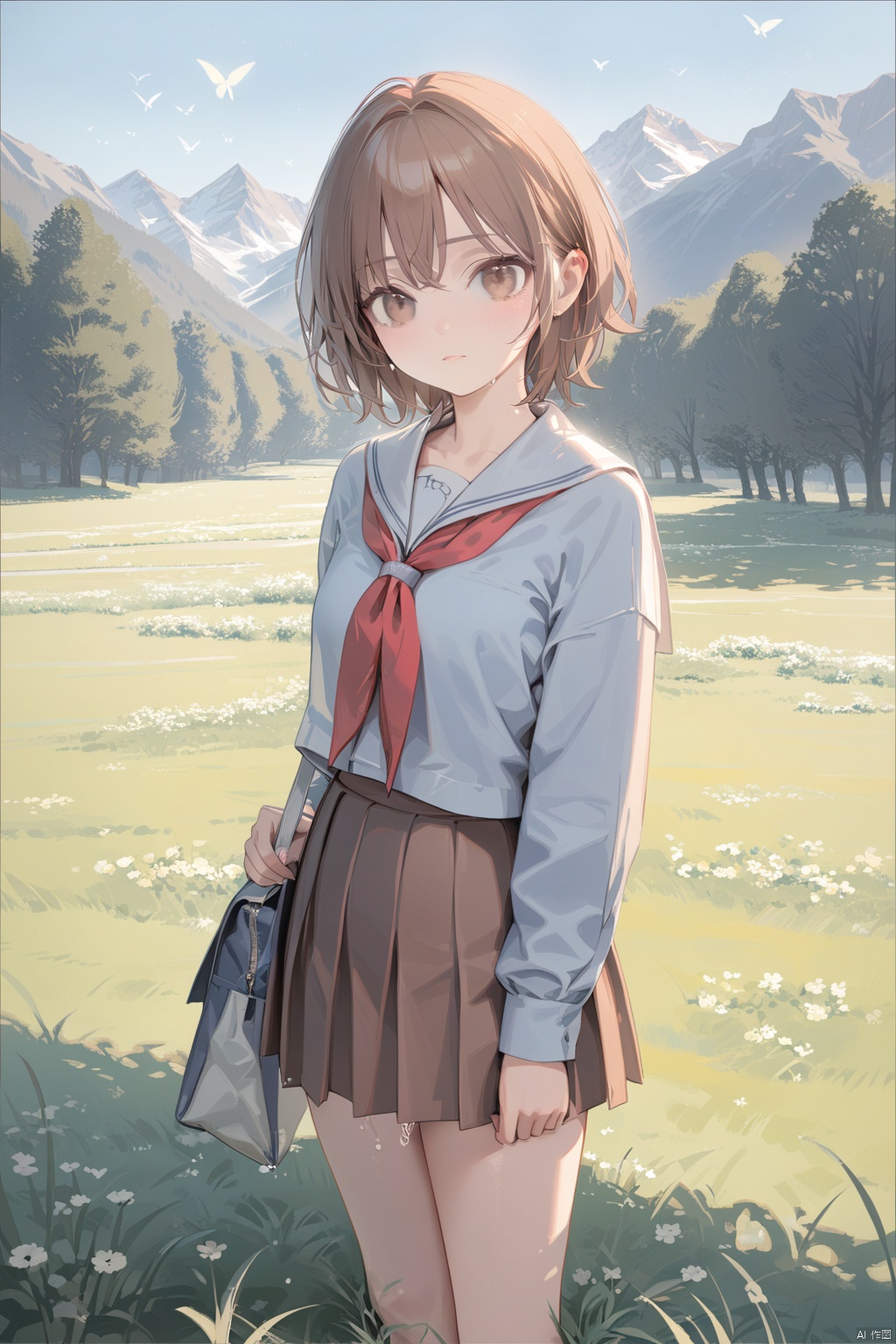 masterpiece,best quality,cinematic lighting,
1girl,solo,full body,(looking at viewer:1.1),(standing:1.2),
,jmz,oumae kumiko,brown hair,short hair,brown eyes,blush,school uniform,brown shirt,long sleeves,red neckerchief,skirt,brown skirt,pleated skirt,sailor collar,
BREAK
Meadow, Flowers, Grass, Alps, Sunshine, Breeze, Butterflies, Melting snow,
sunlight,,good hands,
,8k,ultra-detailed,