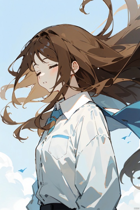  1girl, solo, long hair, brown hair, shirt, closed eyes, white shirt, upper body, parted lips, sky, collared shirt, from side, floating hair, blue background, wind