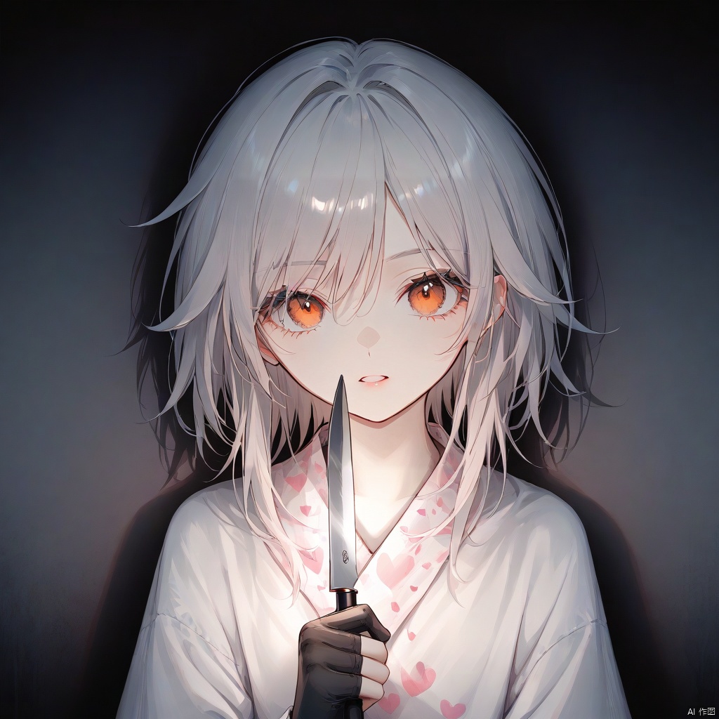 Sick and spoiled eyes, full of love, ,dark atmosphere, holding a knife, sick and spoiled face