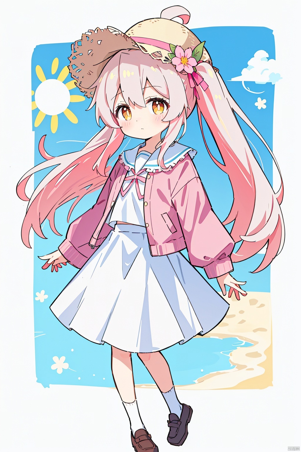  white background,solo, , solo,loli,Pink hair,Yellow eyes,high ponytail,beach,high ponytail, ,hair flower,frilled shirt collar,facula,spot,messy hair,fipped hair,floating hair,(petite),(loli),(solo),(pink open jacket),blank stare, pink ribbon,white sun hat, (full body),blue sky,cloudy,white serafuku,white skirt,goldfish, oyama_mahiro