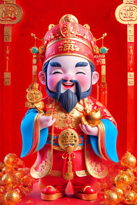  masterpiece,best quality,caishen,1man,facial hair,beard,solo,chinese clothes,long sleeves,wearing red caishen_headwear,wide sleeves,smile,gold,cloud, facai, xinnian, caishen, dafengcaishen