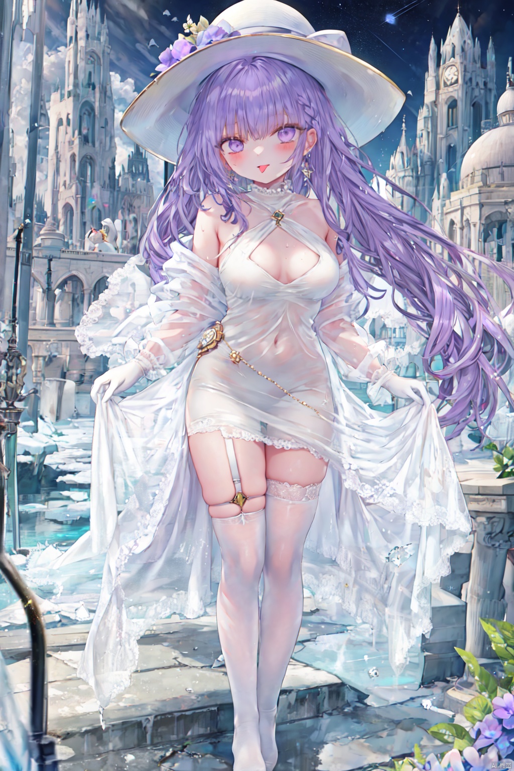  (violet hair) (Little Lori) （view from upon）(gold-and-white long dress) (no shoes) (white gloves) finger detail depiction (ice jewel earrings),thighhighs,fancy_hat,,(tongue out) (blushing),lolicon,machine,machinery,((mecha)),chubby,((thick_thighs)),o-ring thigh strap,fantasy,(long_hair:1.5),ruins,cityscape,star_(sky),Steps: 1000, ,breast curtains,machinery,cuteloli, 1girl