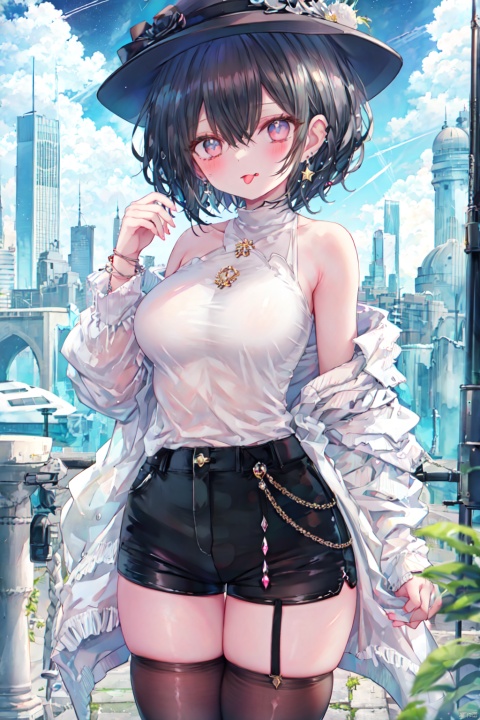 (black hair) (Little Lori) （view from upon）(tank upper)(short pants) finger detail depiction (ice jewel earrings),thighhighs,fancy_hat,,(tongue out) (blushing),lolicon,machine,machinery,((mecha)),chubby,((thick_thighs)),fantasy,(short_hair:1.5),ruins,cityscape,star_(sky),breast curtains,machinery,cuteloli, 1girl