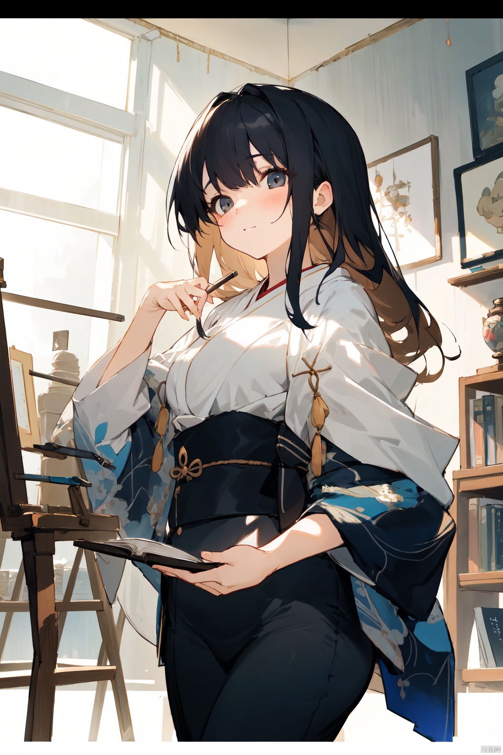  nai3 style, nai3style,A beautiful 20-year-old girlfriend, randomly slender or curvaceous, with an alluring yet unique appearance. She possesses random talents, adding depth and mystery to her character. Surrounded by an eclectic library and an easel showcasing her passion for reading and painting, she is captured in a cozy, light-filled room indicative of her Japanese university dormitory setting. Her serene expression and focused gaze convey her intellectual curiosity and artistic spirit, harmoniously blending into the charmingly cluttered background filled with books, art supplies, and subtle cultural accents hinting at her Japanese heritage.