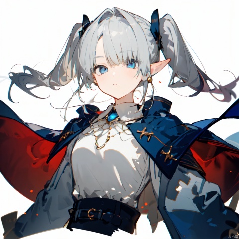  nai3 style, nai3style,1girl,pointy_ears,twintails,solo,jewelry,earrings,looking_at_viewer,long_sleeves,white_background,long_hair,belt,parted_bangs,bangs,simple_background,grey_hair,capelet,blue_eyes,elf,dress,closed_mouth,upper_body,white_capelet,floating_hair,wide_sleeves