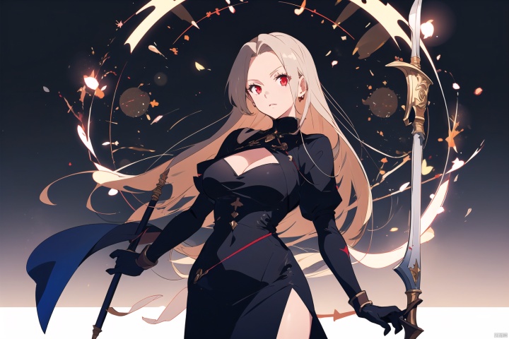  1girl,long_hair,solo,magic_circle,breasts,weapon,very_long_hair,holding,red_eyes,dress,staff,large_breasts,gloves,polearm,holding_weapon