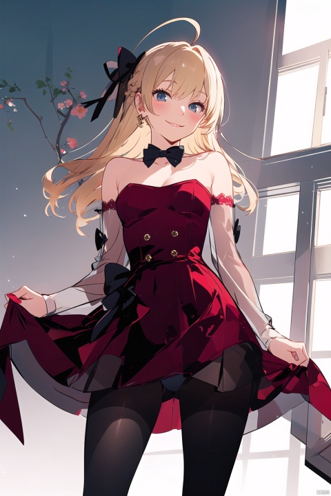  1girl,solo,ahoge,blonde hair,red dress,off-shoulders dress,short dress,black pantyhose,panties under pantyhose,showgirls skirt,bow,black bow,waist bow,standing,leaning back,looking to the side,naughty face,smile,hand on own mouth,long hair,strapless,bridal warmers,small breasts,detached collar,flower trim,lace,see-through legwear,