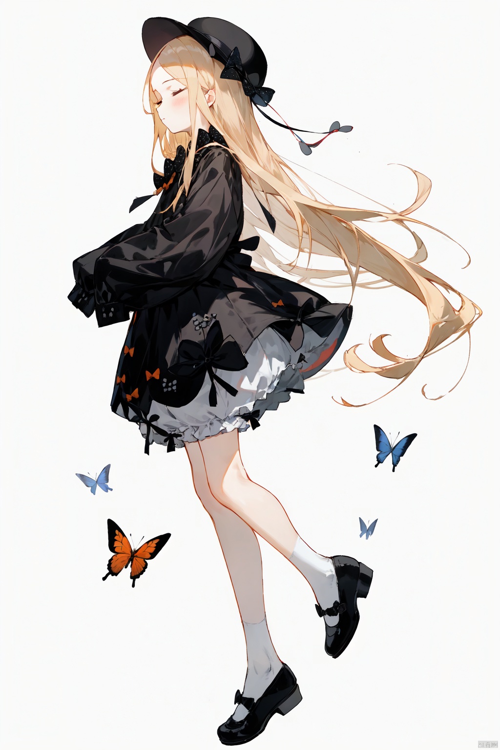  nai3 style, 1girl, solo, long hair, blonde hair, bow, hat, very long hair, abigail williams (fate), dress, hair bow, black bow, closed eyes, black footwear, orange bow, polka dot bow, sleeves past wrists, long sleeves, black headwear, shoes, black dress, polka dot, parted bangs, bangs, underwear, bloomers, sleeves past fingers, white bloomers, from side, mary janes, closed mouth, bug, butterfly, grey background, full body, profile, white background, simple background,nai3style