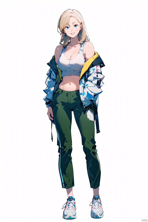  (best quality), ((masterpiece)), (highres), illustration, original, extremely detailed, 1girl, solo, long hair, breasts, white background, full body, simple background, blonde hair, sneakers, pants, shoes, blue eyes, looking at viewer, navel, white footwear, jewelry, earrings, crop top, off shoulder, midriff, jacket, hands in pockets, bare shoulders, green pants, smile, standing, cleavage, parted lips, open clothes, tank top, medium breasts, collarbone, open jacket, floating hair,white jacket,nai3 style, nai3style