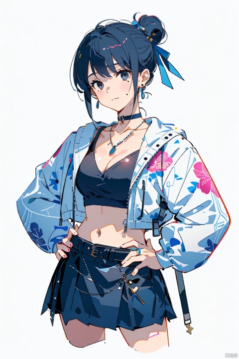  1girl, solo, black hair, white background, simple background, jewelry, black eyes, hand on hip, skirt, earrings, cropped jacket, choker, black skirt, short hair, looking at viewer, jacket, crop top, long sleeves, single hair bun, midriff, hair bun, floral print, white jacket, necklace, closed mouth, bangs, hair ornament, belt, breasts, collarbone, cowboy shot, mole, cleavage, open clothes, long skirt, black shirt, navel, ribbon, nai3