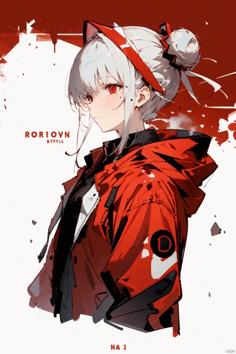  nai3 style, nai3style,1girl,solo,red_background,red_eyes,hood,white_hair,mask,from_side,jacket,mole_under_eye,upper_body,profile,hooded_jacket,mole,bangs,hood_down,red_theme,single_hair_bun,english_text,headgear,sidelocks,headphones,red_jacket