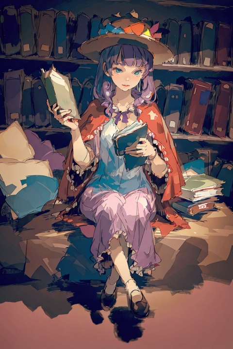  1girl, ((patchouli knowledge)),mob_cap, hat_ribbon,capelet,(best quality), (masterpiece),,hyper detailed, ((masterpiece)), ((best quality)), illustration, beautiful detailed luminous,perfect anatomy, intricate, {highly detailed},solo, panorama,sunlight,blue sky,day,(library),full body,looking book,(sit)