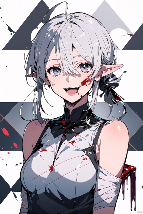 1girl,solo,argyle_background,blood_on_face,argyle,long_hair,blood,bandages,ahoge,white_hair,smile,bandaged_neck,grey_eyes,looking_at_viewer,open_mouth,bangs,upper_body,:d,bare_shoulders,blood_on_clothes,black_background,hair_between_eyes,pointy_ears