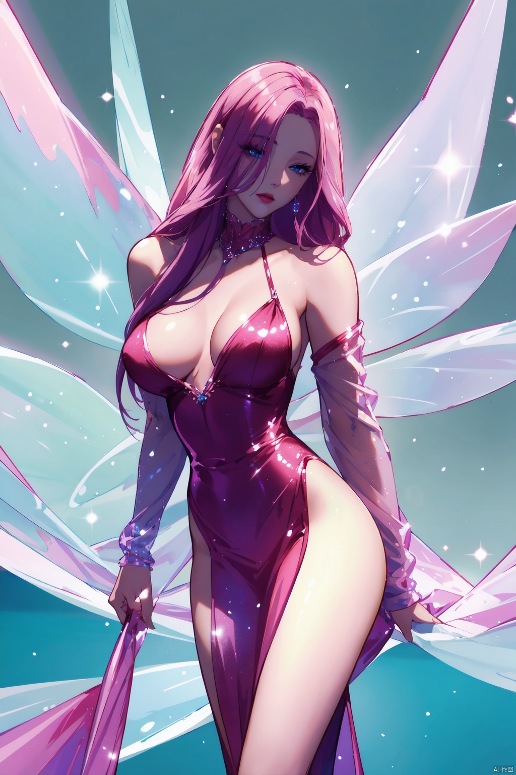  An ethereal beauty with flowing pink locks cascading down her shoulders, her captivating blue eyes glistening like serene pools. Her features are exquisitely chiseled, evoking the essence of an otherworldly fairy, yet there's a tantalizing allure in the way her cherry-red lips shimmer, imbuing her countenance with a seductive charm. Adorned in a daring scarlet off-the-shoulder gown that drapes sensuously around her porcelain skin, revealing an alluring bare shoulder, she stands tall on sparkling crystal stilettos, commanding attention with every step,