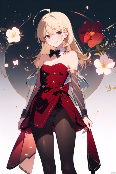  1girl,solo,ahoge,blonde hair,red dress,off-shoulders dress,short dress,black pantyhose,panties under pantyhose,showgirls skirt,bow,black bow,waist bow,standing,leaning back,looking to the side,naughty face,smile,hand on own mouth,long hair,strapless,bridal warmers,small breasts,detached collar,flower trim,lace,see-through legwear,
