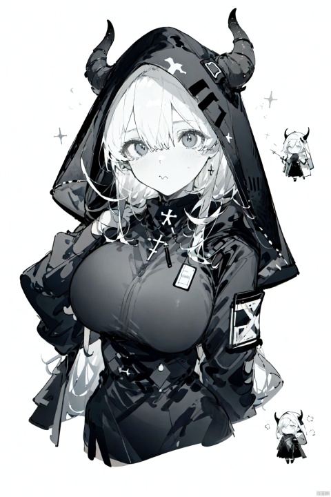  nai3 style, nai3style,doctor_(arknights),monochrome,greyscale,1girl,1other,breasts,hood_up,habit,long_hair,hood,:t,dress,shaded_face,pout,nun,large_breasts,hair_between_eyes,horns,chibi,comic,white_background,simple_background,sketch,long_sleeves