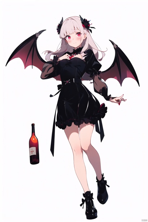  1girl,half_bottle_of_blood,wings,solo,long_hair,red_eyes,in_container,dress,blush,long_sleeves,bottle,white_hair,black_dress,demon_wings,looking_at_viewer,closed_mouth,simple_background,bat_wings,bangs,black_footwear,shoes,knees_up,jar,frills,black_wings,very_long_hair,flower,puffy_sleeves,vampire,white_background,minigirl