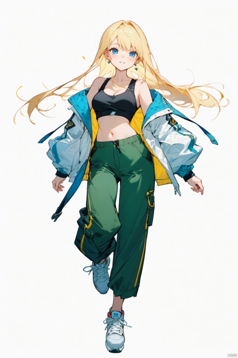  (best quality), ((masterpiece)), (highres), illustration, original, extremely detailed, 1girl, solo, long hair, breasts, white background, full body, simple background, blonde hair, sneakers, pants, shoes, blue eyes, looking at viewer, navel, white footwear, jewelry, earrings, crop top, off shoulder, midriff, jacket, hands in pockets, bare shoulders, green pants, smile, standing, cleavage, parted lips, open clothes, tank top, medium breasts, collarbone, open jacket, floating hair,white jacket,nai3 style, nai3style