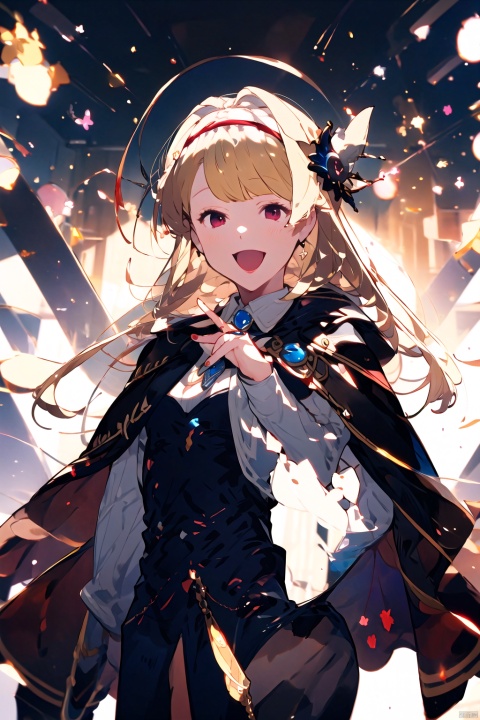  cagliostro_(granblue_fantasy),1girl,blonde_hair,solo,open_mouth,long_hair,smile,:d,bangs,hairband,cape,crown,looking_at_viewer