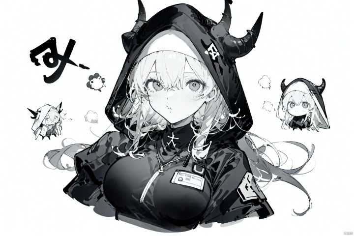  nai3 style, nai3style,doctor_(arknights),monochrome,greyscale,1girl,1other,breasts,hood_up,habit,long_hair,hood,:t,dress,shaded_face,pout,nun,large_breasts,hair_between_eyes,horns,chibi,comic,white_background,simple_background,sketch,long_sleeves