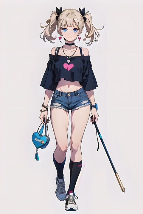  1girl, solo, shirt, shorts, socks, off-shoulder shirt, blonde hair, navel, jewelry, kneehighs, denim, denim shorts, black shirt, long hair, blue eyes, white socks, full body, off shoulder, choker, earrings, midriff, bra strap, looking at viewer, standing, bare shoulders, holding, black choker, short shorts, shoes, cutoffs, crop top, two side up, short sleeves, stomach, bracelet, breasts, necklace, white footwear, sneakers, heart, wand, collarbone, blue shorts, smile, bangs, grey background, holding wand, twintails, thighs, ribbon, tied shirt, wristband