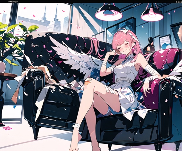 mika_(blue_archive),long_hair,bandages,halo,1girl,closed_eyes,wings,dress,pink_hair,sitting,white_dress,angel_wings,smile,barefoot,feathered_wings,sleeveless,injury,breasts,bandaged_leg,white_wings,sleeveless_dress,low_wings,letterboxed,musical_note,solo_focus,bangs,very_long_hair,blush,bandaid,couch,closed_mouth