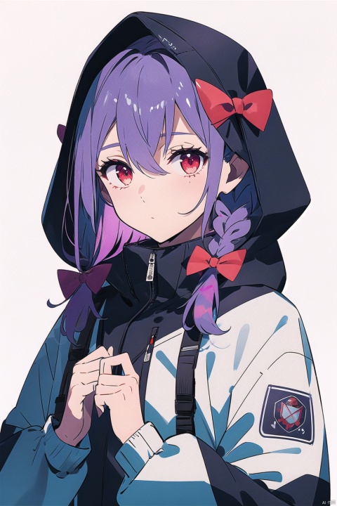  1girl,solo,hood,white_background,simple_background,hair_between_eyes,bangs,hood_up,purple_hair,hooded_jacket,jacket,long_sleeves,bow,white_jacket,closed_mouth,hair_bow,v,upper_body,long_hair,red_eyes,puffy_long_sleeves,braid