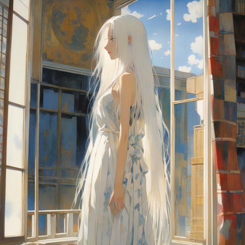 a woman with long white hair standing in front of a window, a detailed painting by Kaburagi Kiyokata, featured on pixiv, remodernism, official art, anime, pixiv
